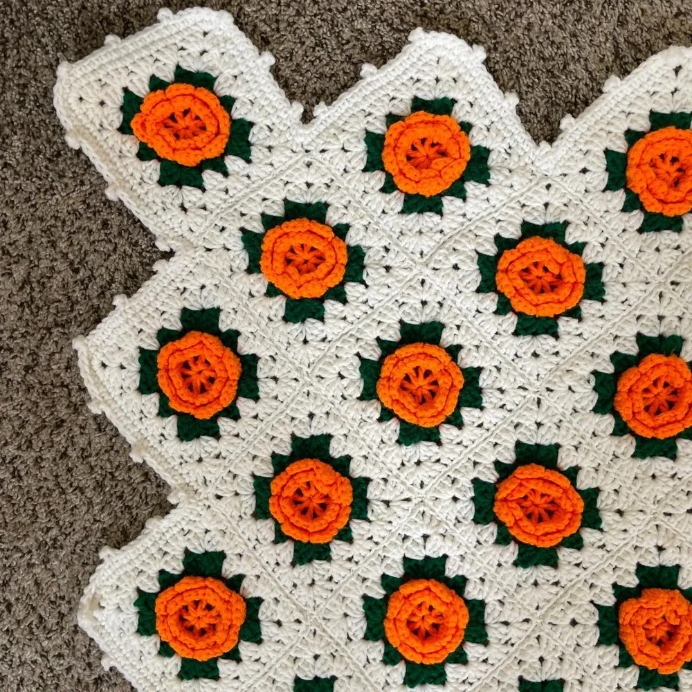 Vintage Handmade Crochet 3D Flower Granny Square Afghan Blanket Orange White